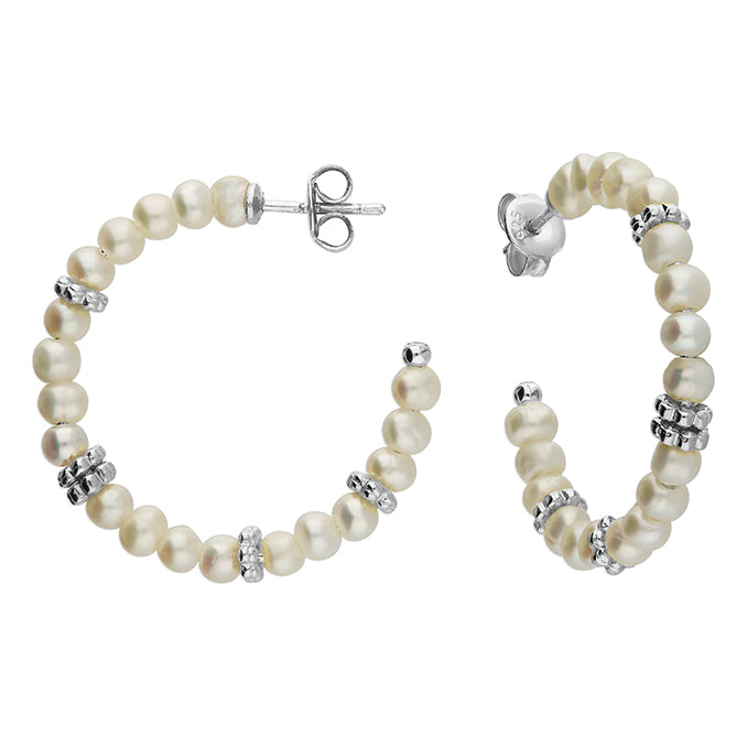 Silver Freshwater Pearl & Mini Bead Hoop Earrings | 28mm - John Ross Jewellers