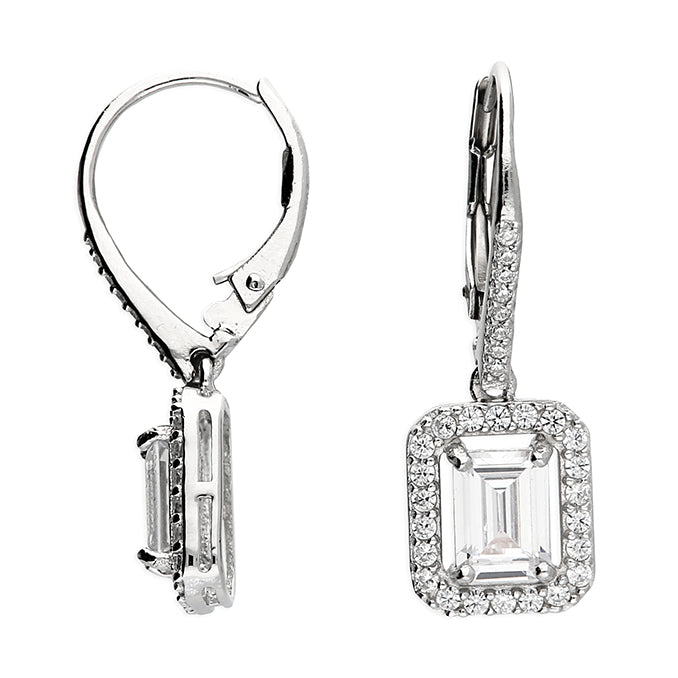 Silver Emerald Cut Halo CZ Drop Earrings | German Wires - John Ross Jewellers