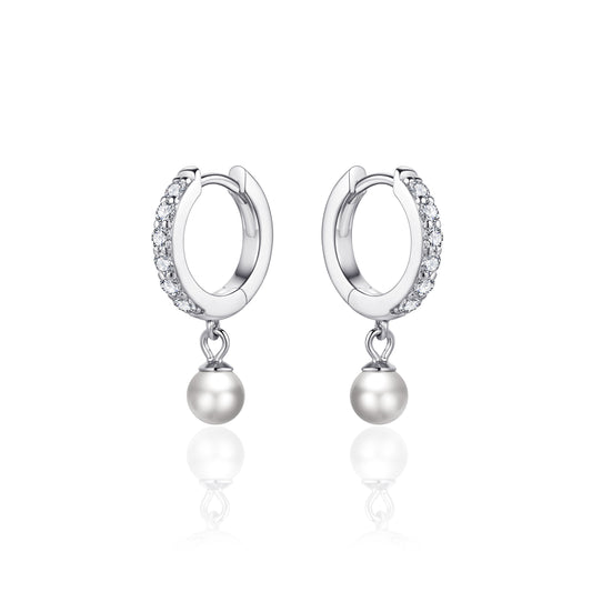 Glitz Pearl& CZ Huggie Hoop Earrings - Silver - John Ross Jewellers
