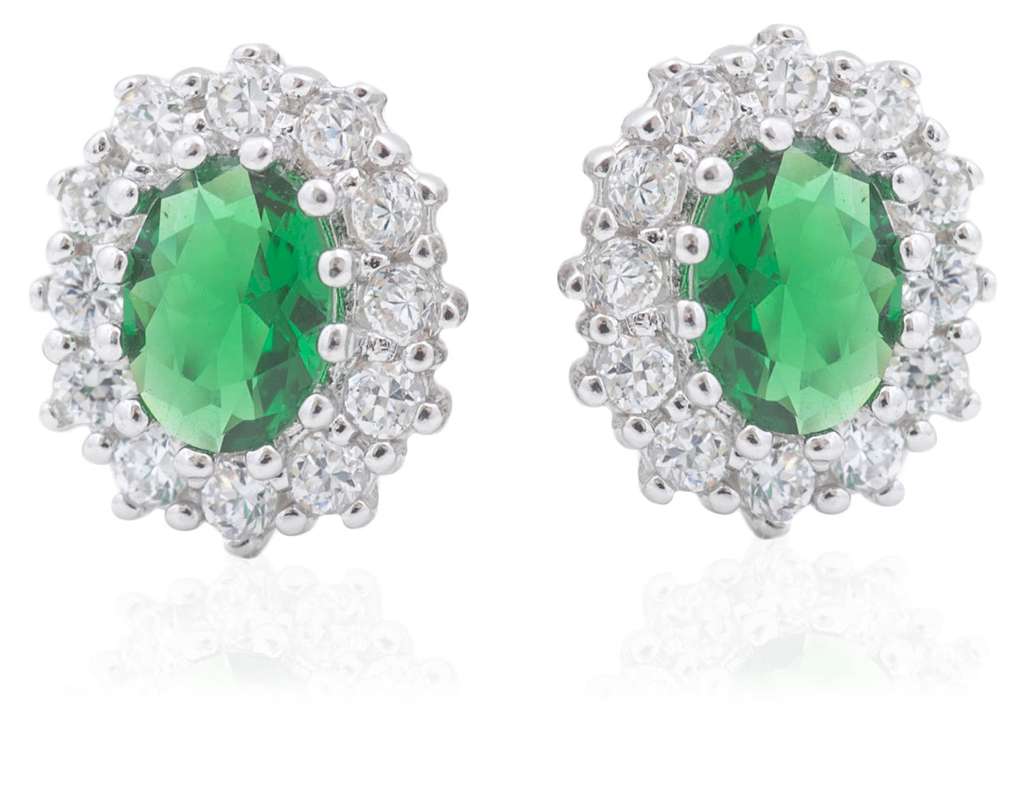 Silver Created Emerald CZ Oval Stud Earrings - John Ross Jewellers