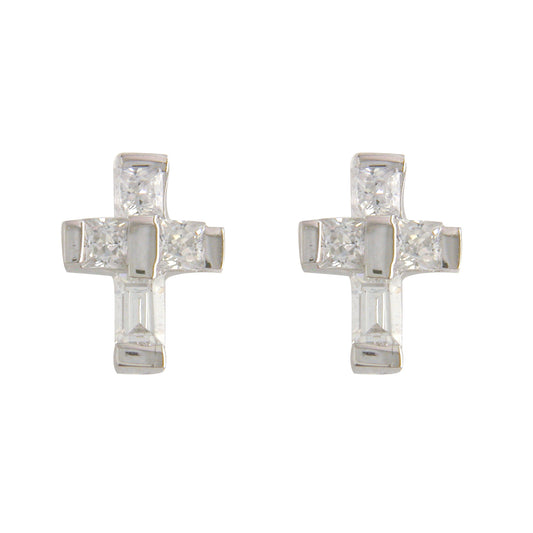 Silver Baguette CZ Cross Stud Earrings | Small - John Ross Jewellers