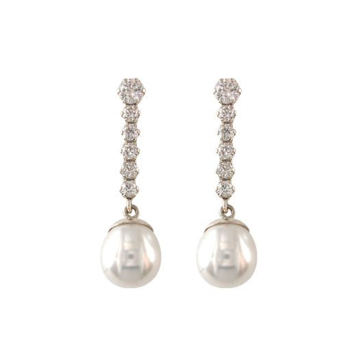 9ct Gold Pearl & CZ Bar Drop Earrings - White Gold - John Ross Jewellers