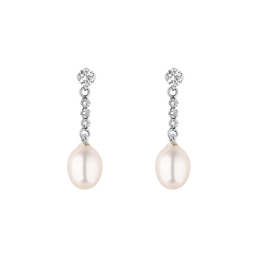 9ct White Gold Pearl & CZ Bar Drop Earrings | 20mm - John Ross Jewellers