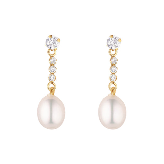 9ct Gold Pearl & CZ Bar Drop Earrings | 20mm - John Ross Jewellers