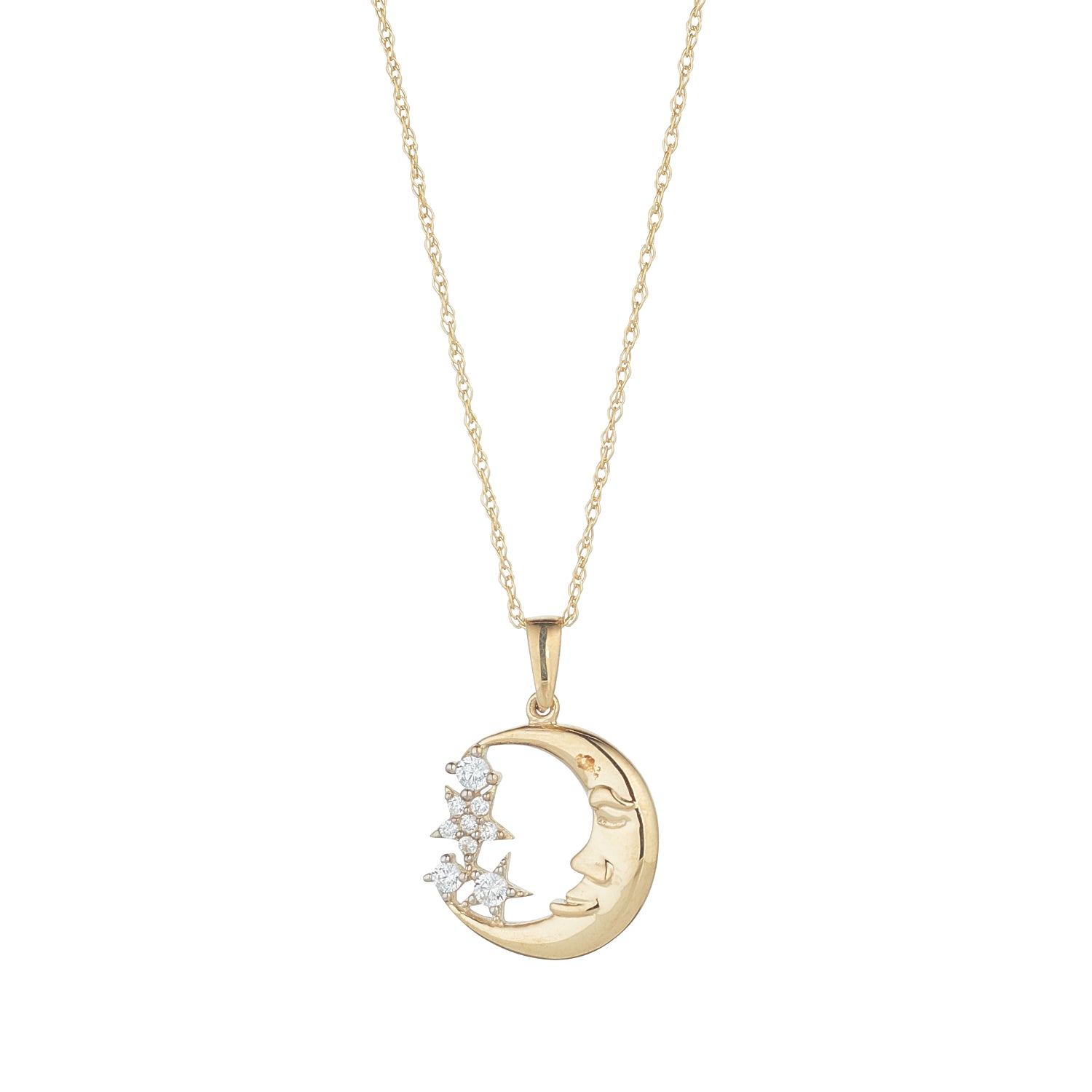 9ct Gold Crescent Moon & CZ Stars Necklace - John Ross Jewellers