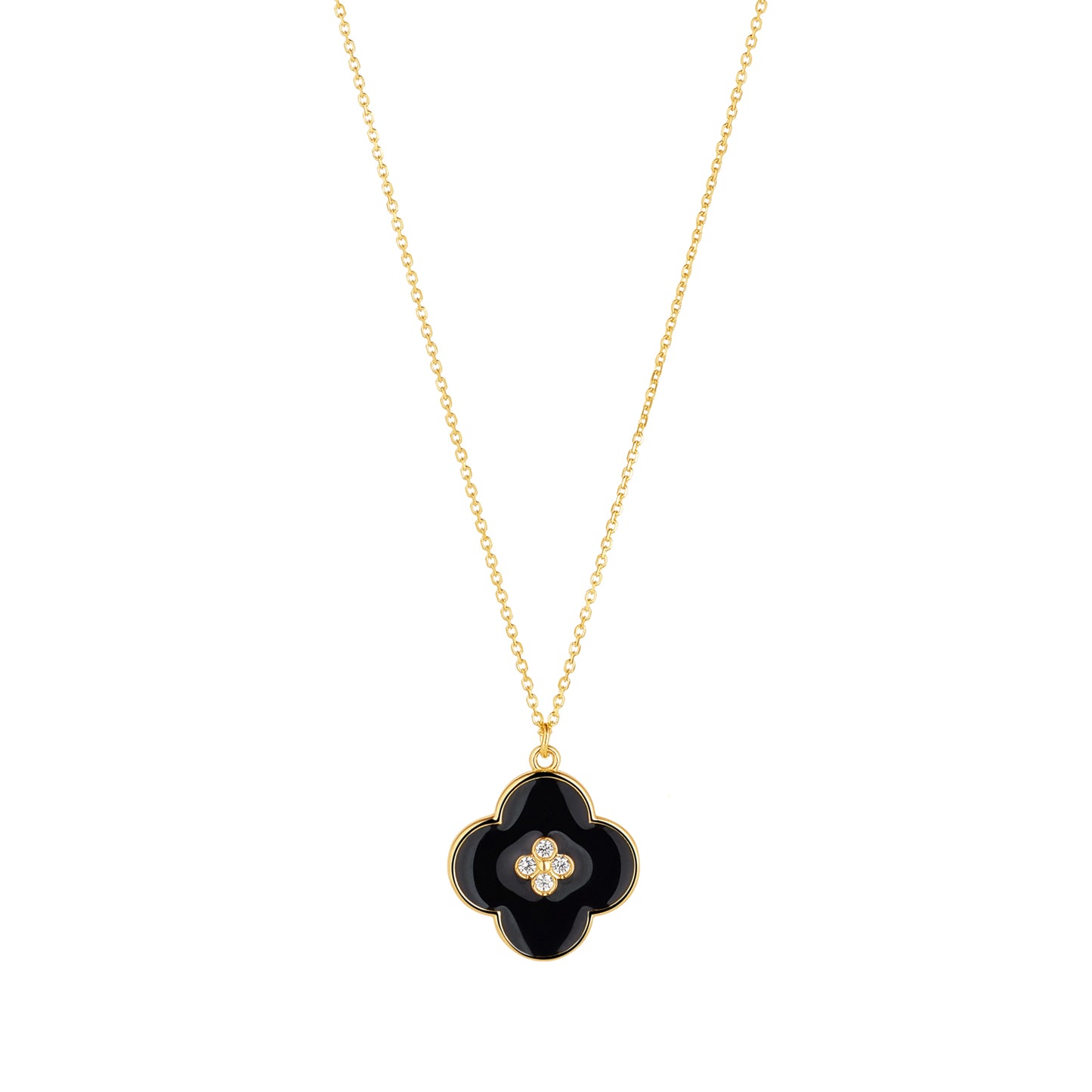 9ct Gold Black Enamel & CZ Quatrefoil Necklace - John Ross Jewellers