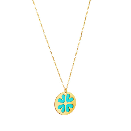 9ct Gold Turquoise Blue Enamel Flower Disc Necklace - John Ross Jewellers