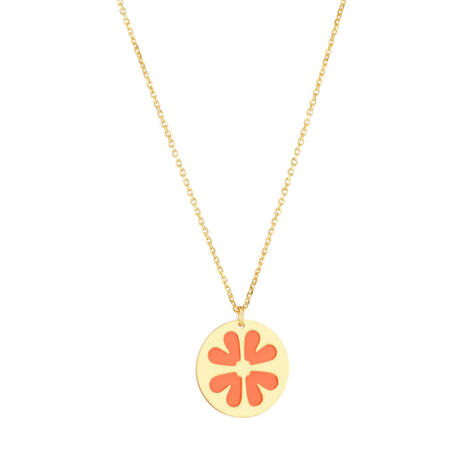 9ct Gold Orange Enamel Flower Disc Necklace - John Ross Jewellers