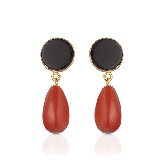18ct Gold Onyx & Red Coral Drop Earrings | 30mm - John Ross Jewellers