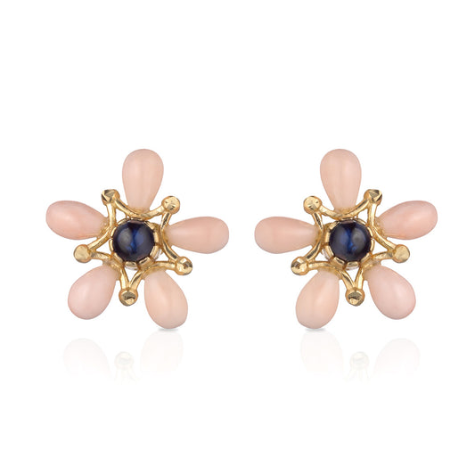 18ct Gold Rose Coral & Sapphire Statement Stud Earrings | 18mm - John Ross Jewellers