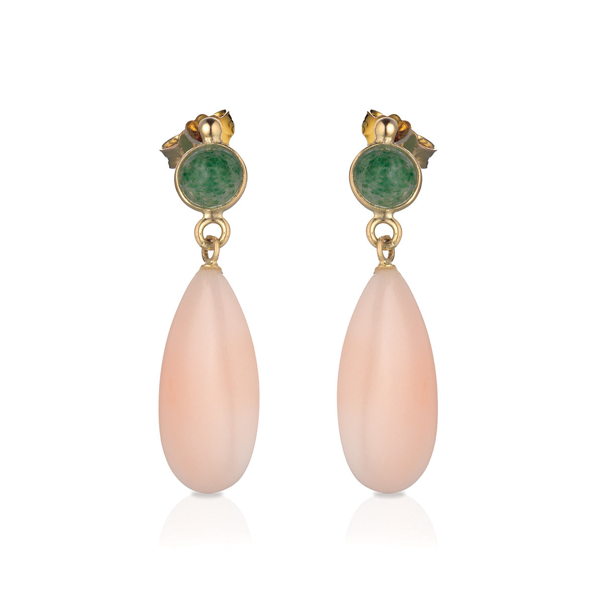 18ct Gold Rose Coral & Green Stone Drop Earrings - John Ross Jewellers