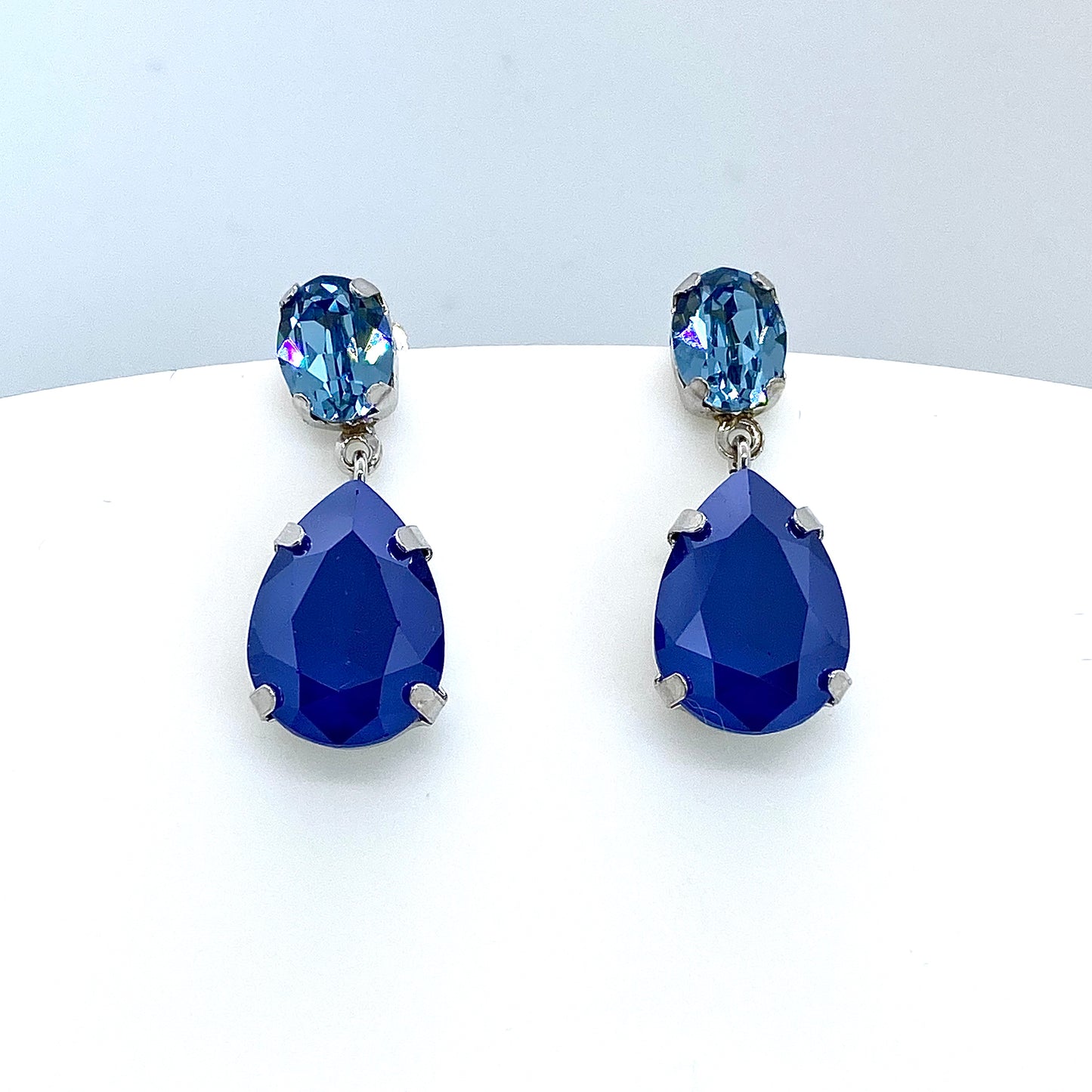 925 silver Celeste royal blue and transparent aqua crystal drop earrings Swarovski® Crystal 25mm L x 10mm L Stud wires with butterfly backs