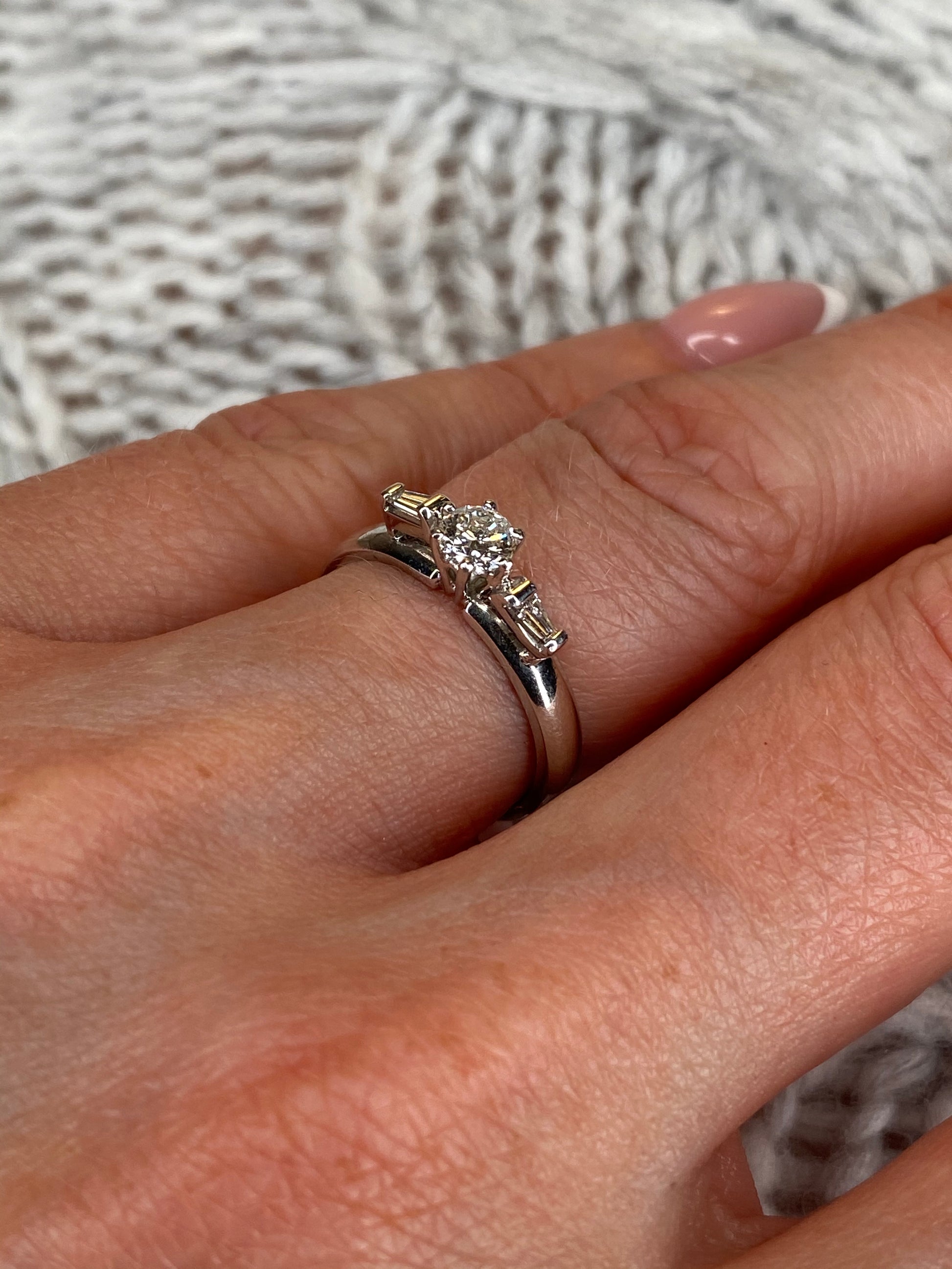 18ct White Gold Diamond Solitaire Engagement Ring with Baguette Shoulders 0.43ct - John Ross Jewellers