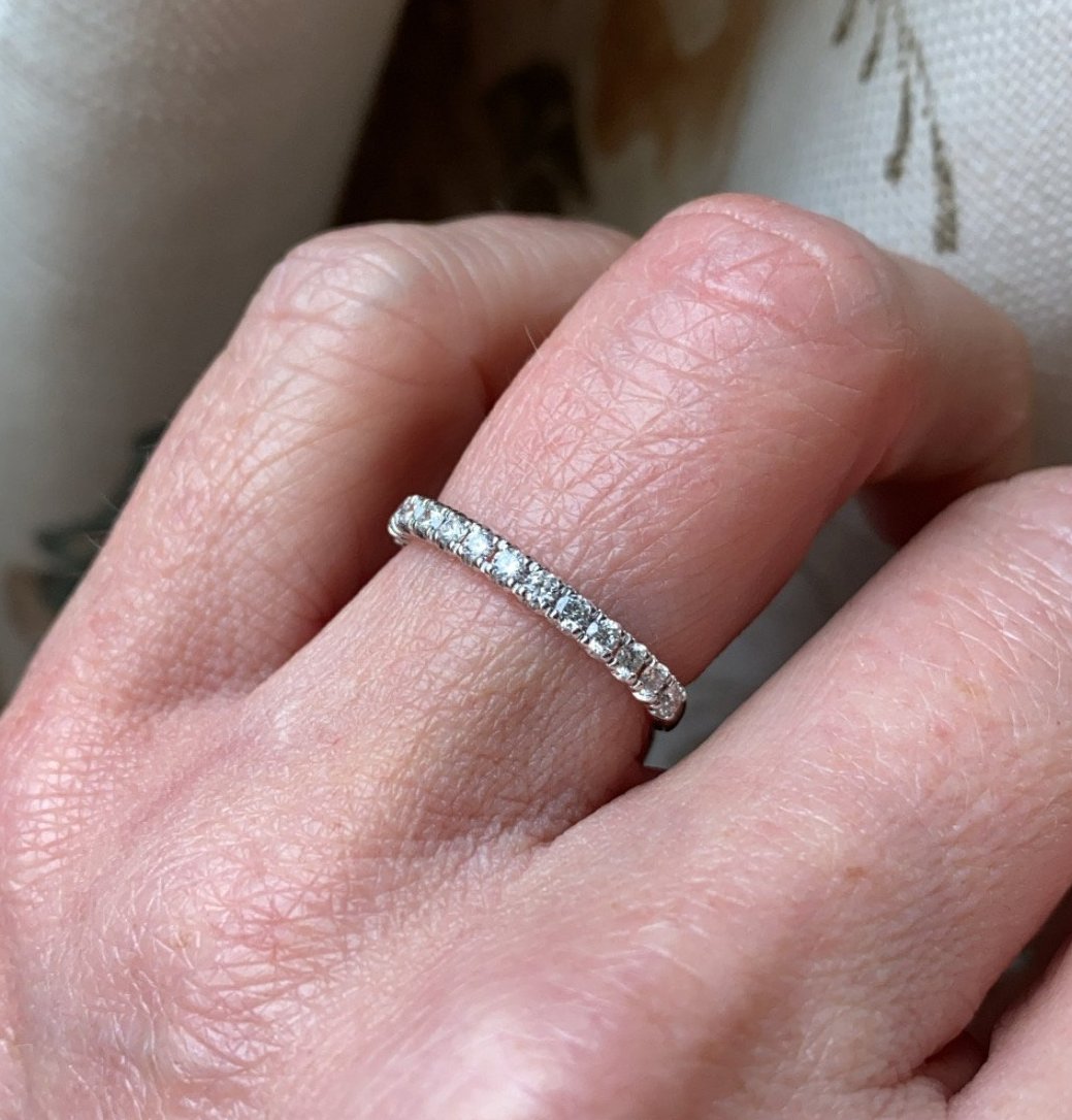 18ct white gold diamond eternity ring set with fifteen round brilliant cut diamonds. 0.36ct in total. G colour. VS clarity. 2mm diameter . This ring is suitable as a wedding band or eternity ring. Size M Other sizes by special order.