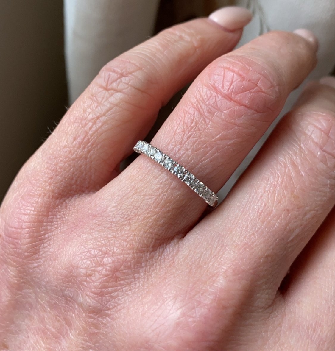 18ct white gold diamond eternity ring set with eleven round brilliant cut diamonds. 0.47ct in total. G colour. VS clarity. 2mm diameter . This ring is suitable as a wedding band or eternity ring. Size O Other sizes by special order.