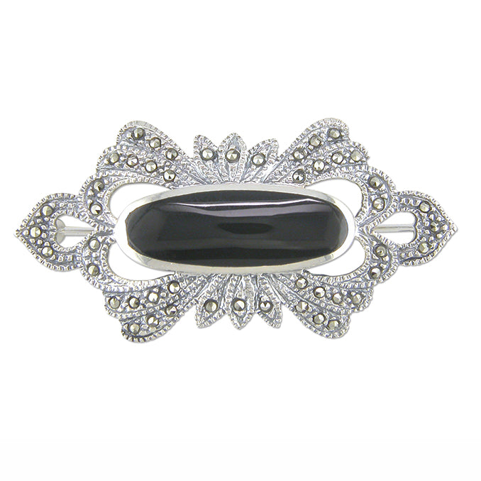 Silver Onyx & Marcasite Vintage Style Brooch - John Ross Jewellers
