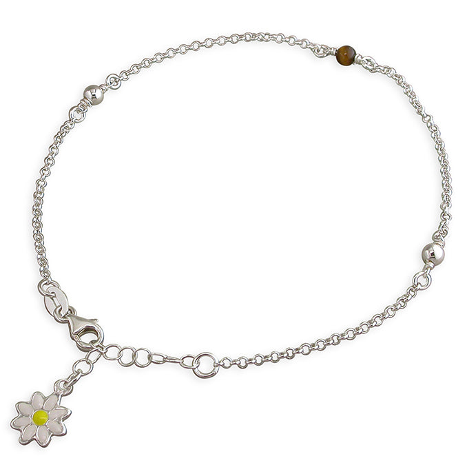 Silver Anklet - Enamelled Daisy Charm | 22.5-25cm - John Ross Jewellers