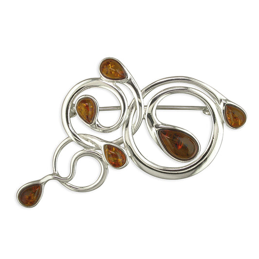 Silver Cognac Amber Swirl Brooch - John Ross Jewellers