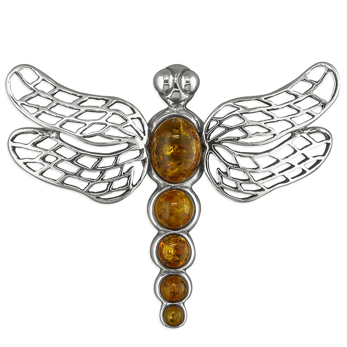 Silver Cognac Amber Dragonfly Brooch - John Ross Jewellers