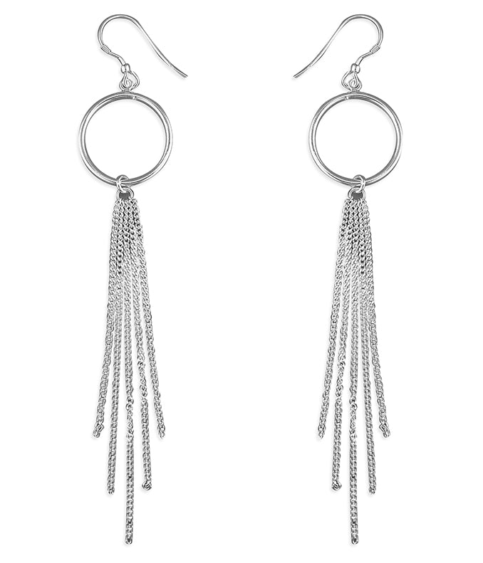 Silver Long Tassel Drop Earrings with Open Circle - John Ross Jewellers