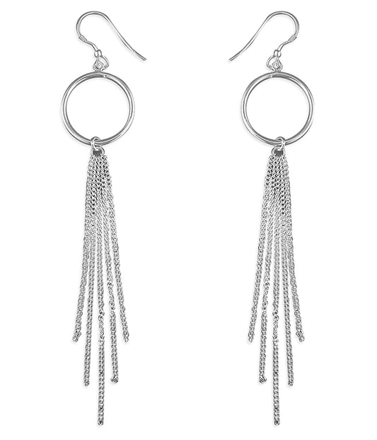 Silver Long Tassel Drop Earrings with Open Circle - John Ross Jewellers