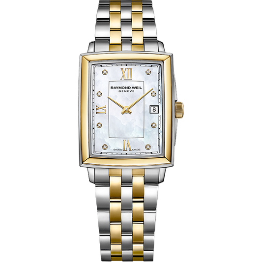 Raymond Weil Lady TOCCATA Rectangular 23.4 x 34.6mm Two Tone Mother Of Pearl dial, diamonds & roman numeral indexes - John Ross Jewellers