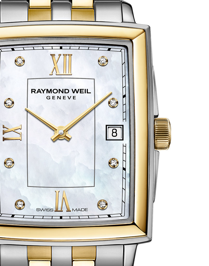 Raymond Weil Lady TOCCATA Rectangular 23.4 x 34.6mm Two Tone Mother Of Pearl dial, diamonds & roman numeral indexes - John Ross Jewellers