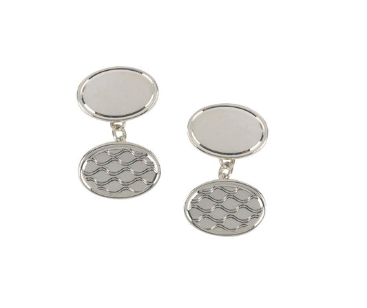 Silver Oval Chained Cuff Links | Waves - John Ross Jewellers