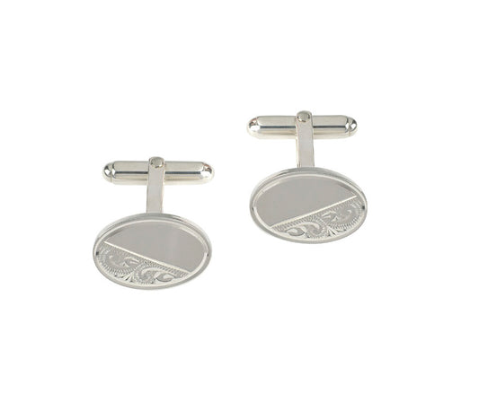 Silver Oval Hand Engraved Cuff Links - John Ross Jewellers