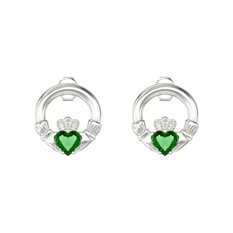 Silver Green CZ Claddagh Earrings - John Ross Jewellers