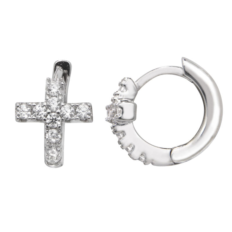 Silver CZ Cross Huggie Hoop Earrings | 9mm - John Ross Jewellers