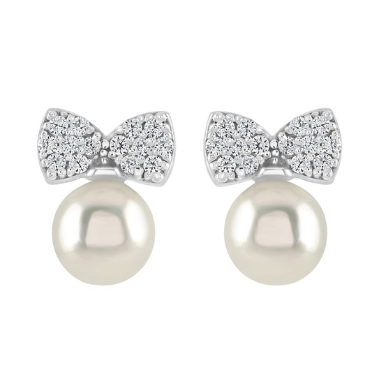 Silver Pearl & CZ Bow Stud Earrings - John Ross Jewellers