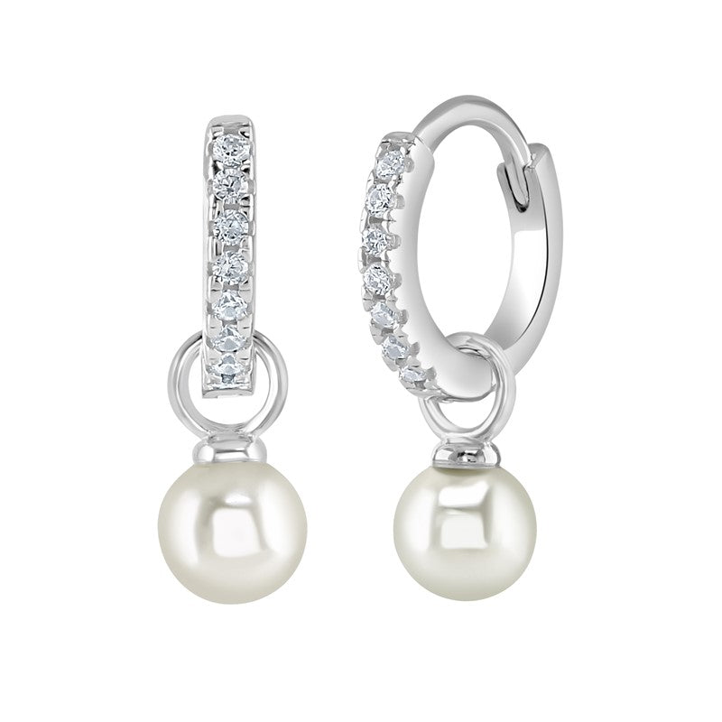 Silver Pearl & CZ Huggie Hoop Earrings | 10mm - John Ross Jewellers