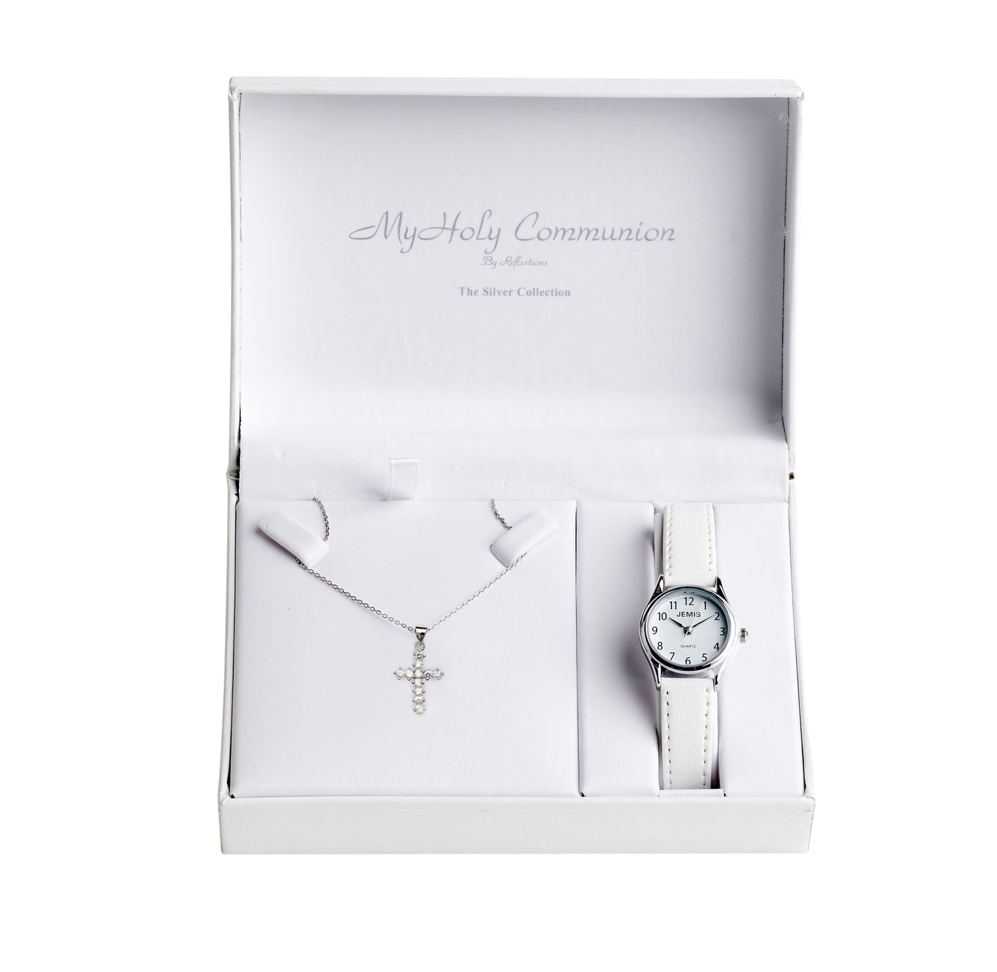 This First Holy Communion gift set comprising of a classic white watch and simple sterling silver pendant include the perfect accessories for any girls special day.   This darling watch with a simple white face and snow white leather strap is set in a silver bezel. Accompanied with the beautiful cross pendant set with cubic zirconia srones, hanging on an adjustable box chain, how could you resist these beauties?!