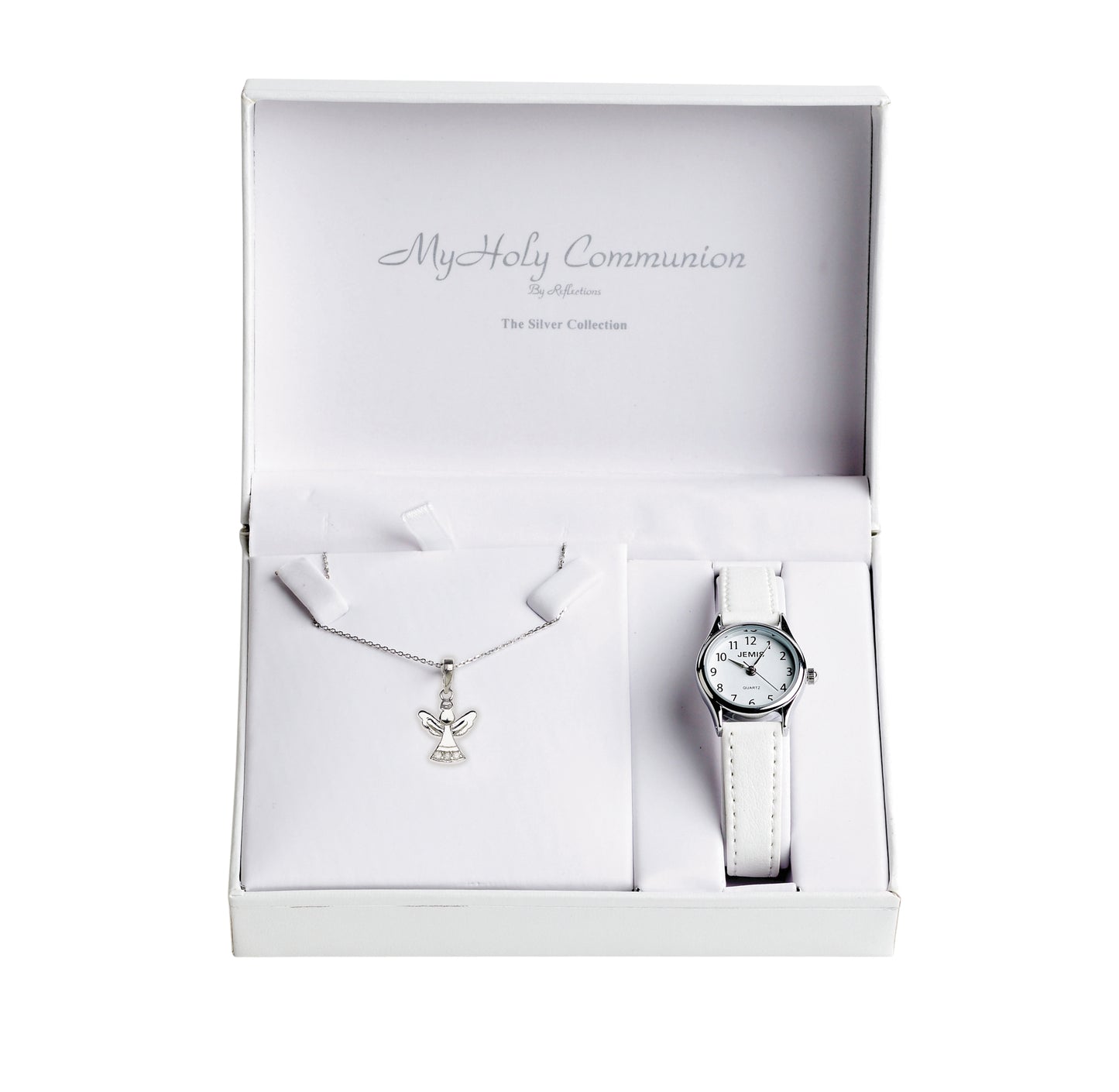 This First Holy Communion gift set comprising of a classic white watch and simple sterling silver pendant include the perfect accessories for any girls special day.   This darling watch with a simple white face and snow white leather strap is set in a silver bezel. Accompanied with the beautiful angel pendant set with cubic zirconia srones, hanging on an adjustable box chain, how could you resist these beauties?!