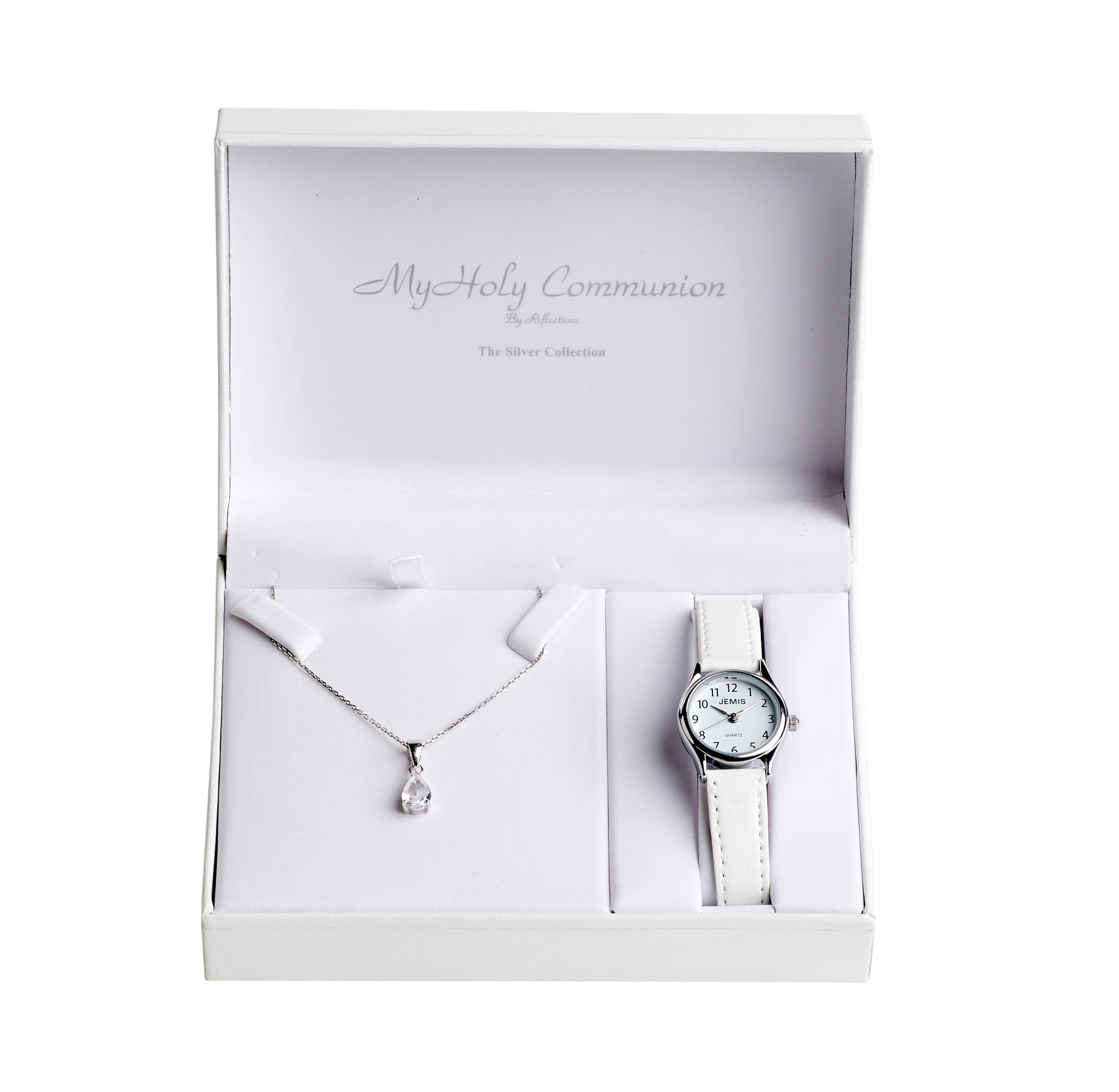 This First Holy Communion gift set comprising of a classic white watch and simple sterling silver pendant include the perfect accessories for any girls special day.   This darling watch with a simple white face and snow white leather strap is set in a silver bezel. Accompanied with the beautiful clear stone pendant, hanging on an adjustable box chain, how could you resist these beauties?!