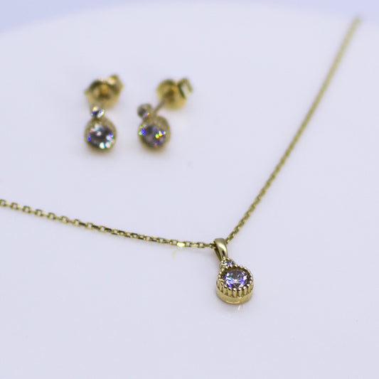 9ct Gold CZ Necklace & Earrings Set | Millgrain - John Ross Jewellers