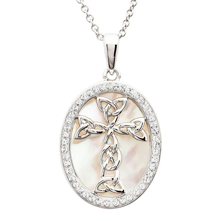 Silver CZ & Mother of Pearl Oval Cross Disc Necklace - John Ross Jewellers