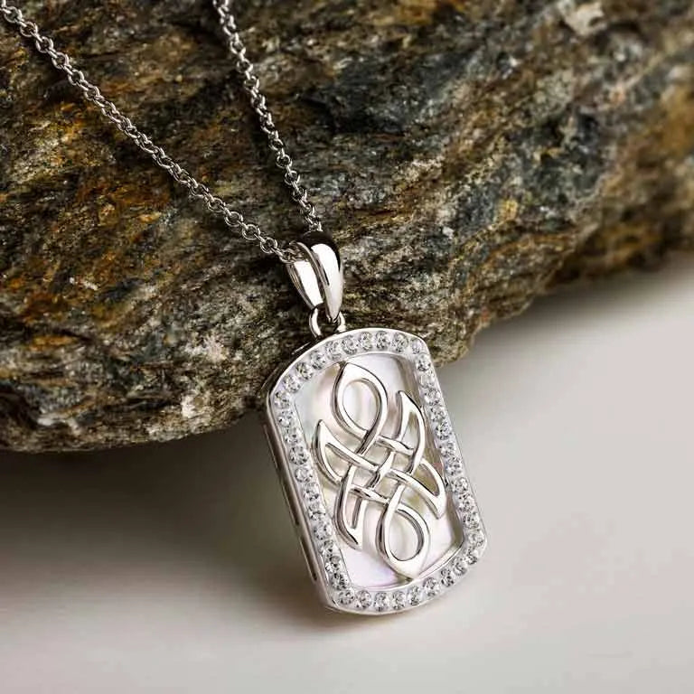 Silver CZ & Mother of Pearl Celtic Knot Medallion Necklace - John Ross Jewellers