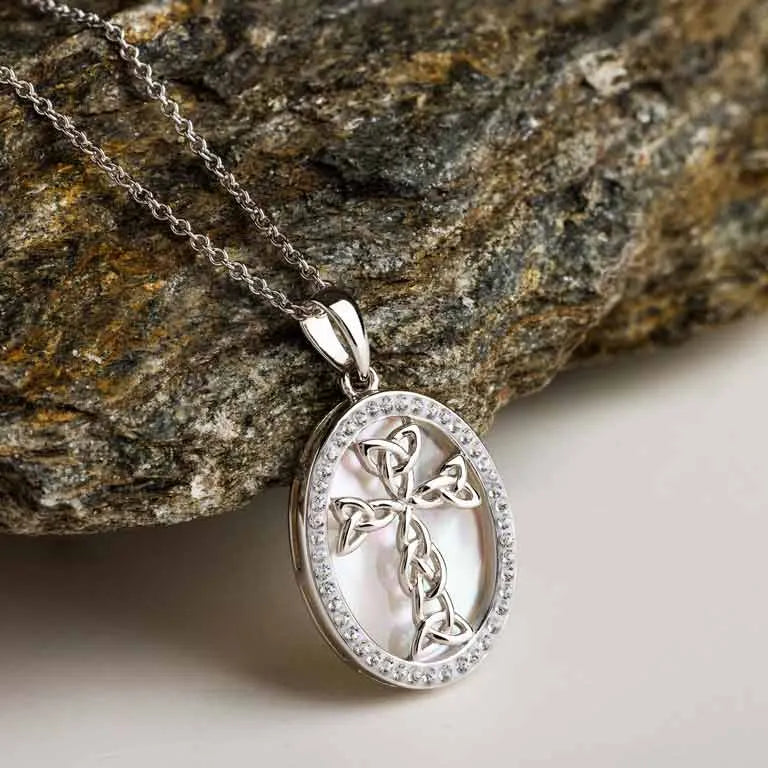 Silver CZ & Mother of Pearl Oval Cross Disc Necklace - John Ross Jewellers