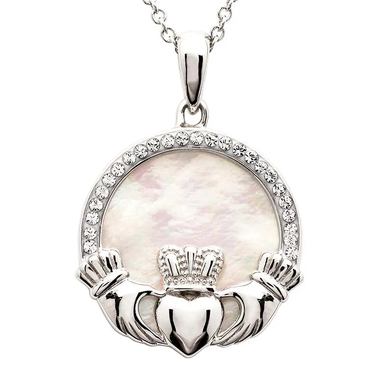 Silver CZ & Mother of Pearl Claddagh Medallion Necklace - John Ross Jewellers