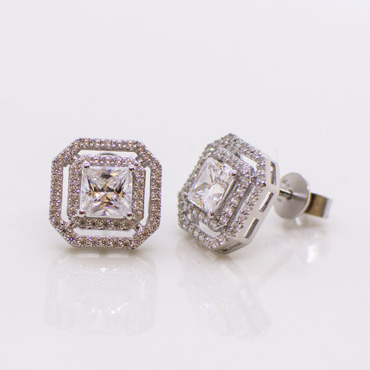 Silver Square Double Halo CZ Stud Earrings - John Ross Jewellers