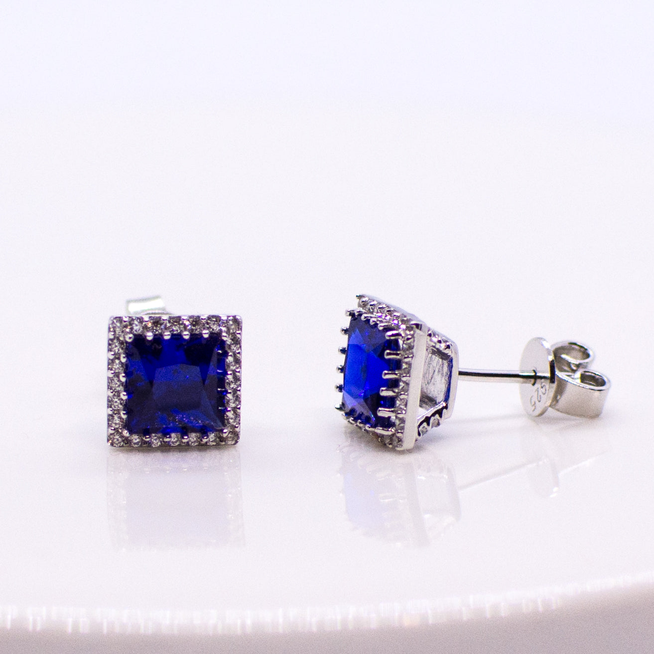 Silver Created Sapphire Square Halo Stud Earrings - John Ross Jewellers