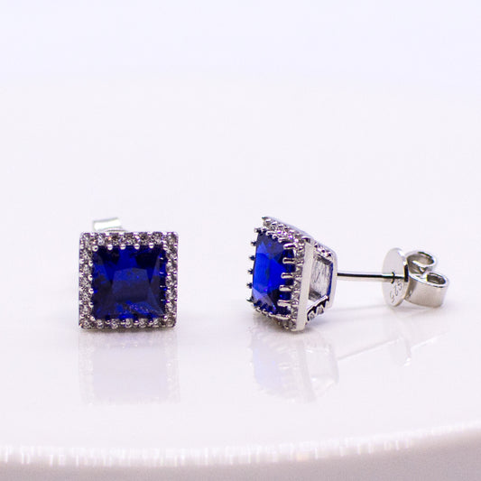 Silver Created Sapphire Square Halo Stud Earrings - John Ross Jewellers