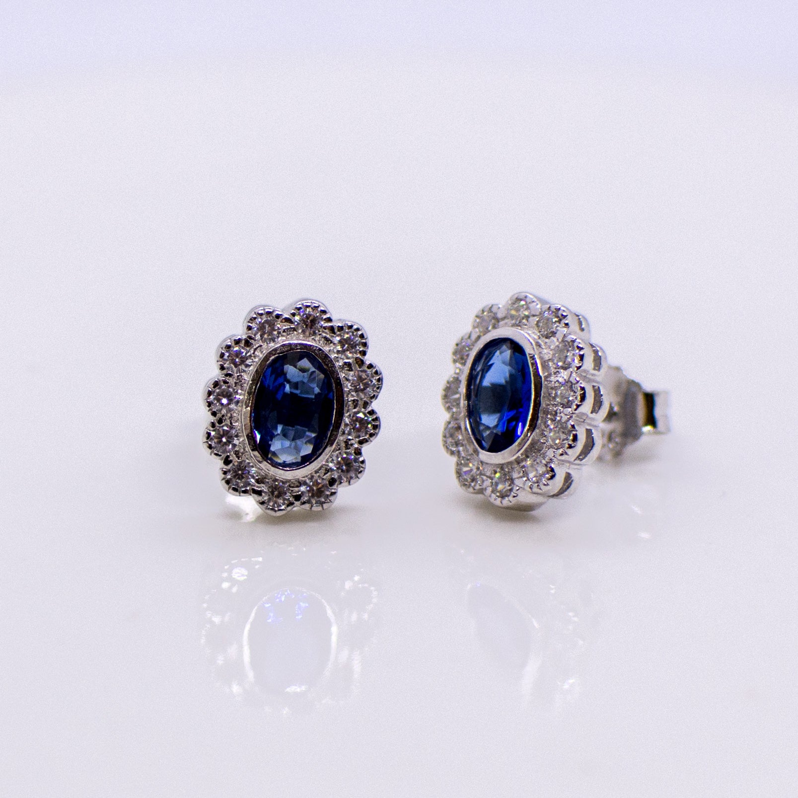 Silver Created Sapphire CZ Vintage Oval Stud Earrings - John Ross Jewellers