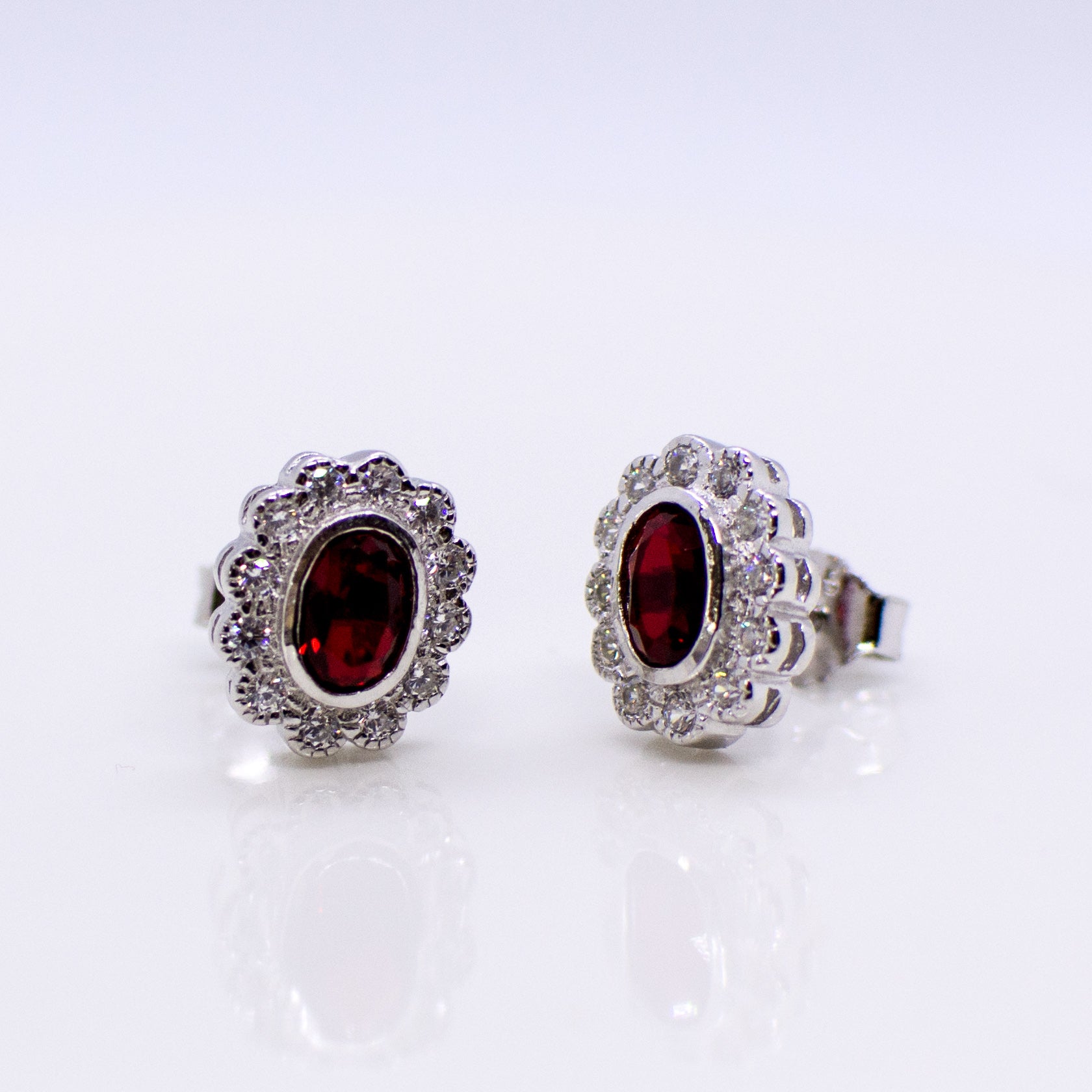 Silver Created Ruby CZ Vintage Oval Stud Earrings - John Ross Jewellers