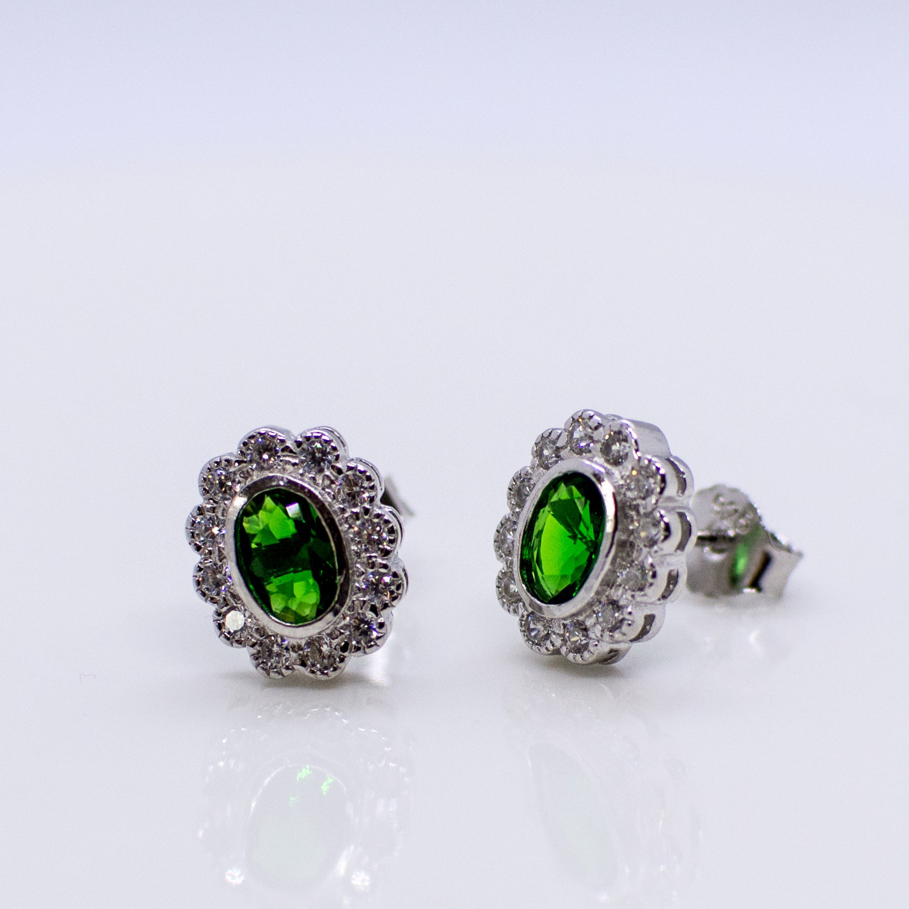 Silver Created Emerald CZ Vintage Oval Stud Earrings - John Ross Jewellers