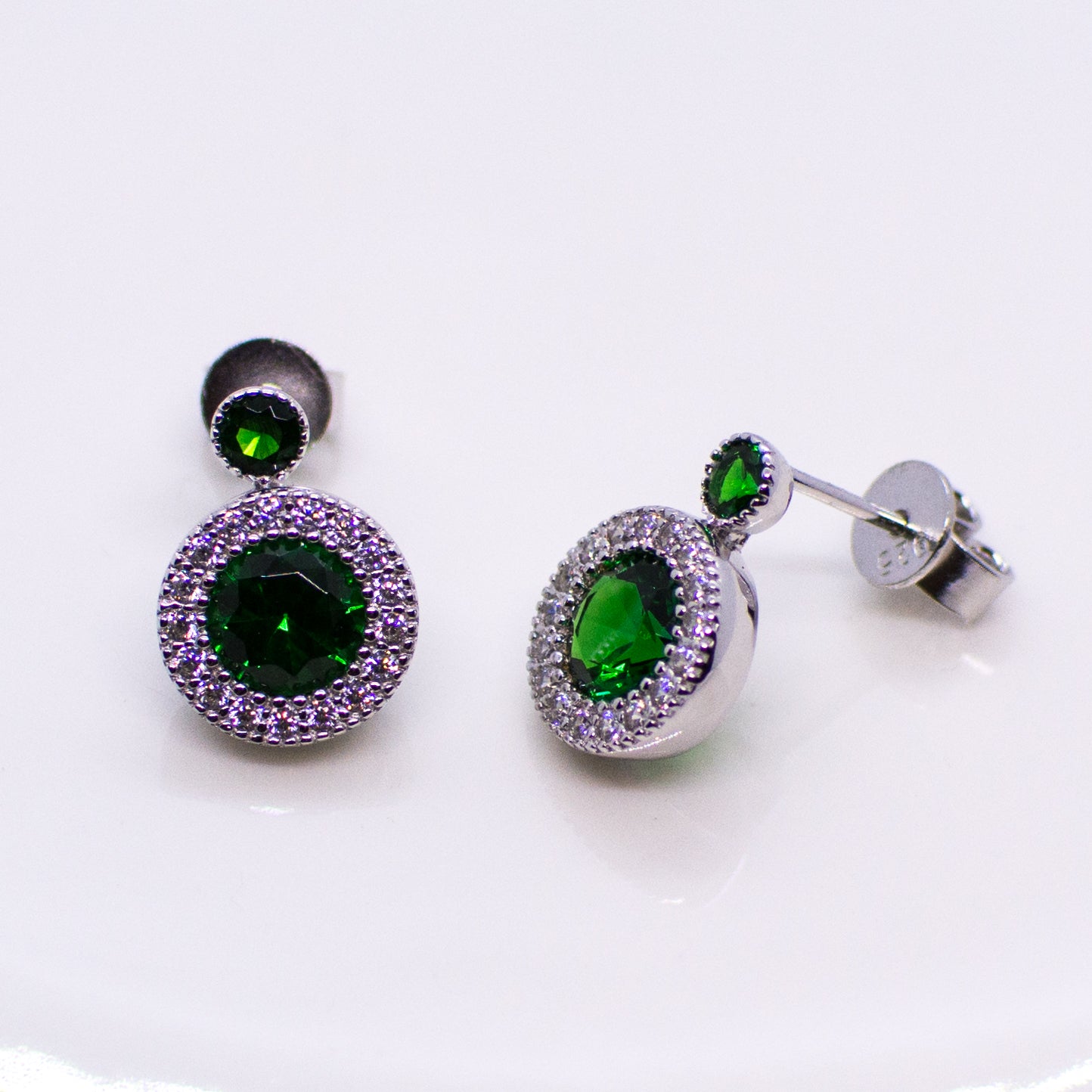 Silver Created Emerald CZ Halo Stud Earrings - John Ross Jewellers
