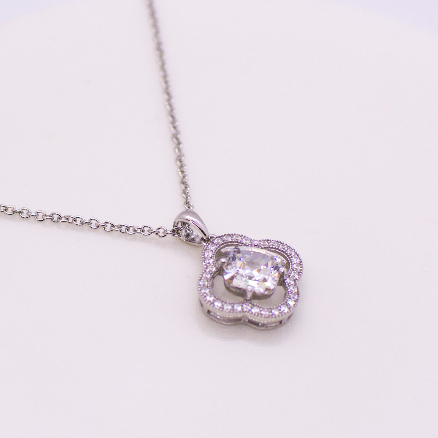 Silver CZ Quatrefoil Pendant Necklace - John Ross Jewellers