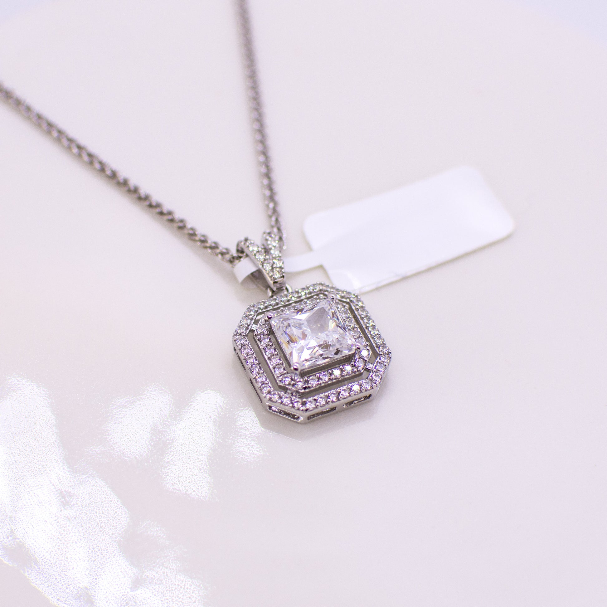 Silver Princess CZ Square Double Halo Pendant Necklace - John Ross Jewellers